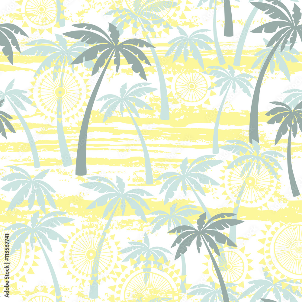 Seamless pattern with palm trees. Tropical vector background.