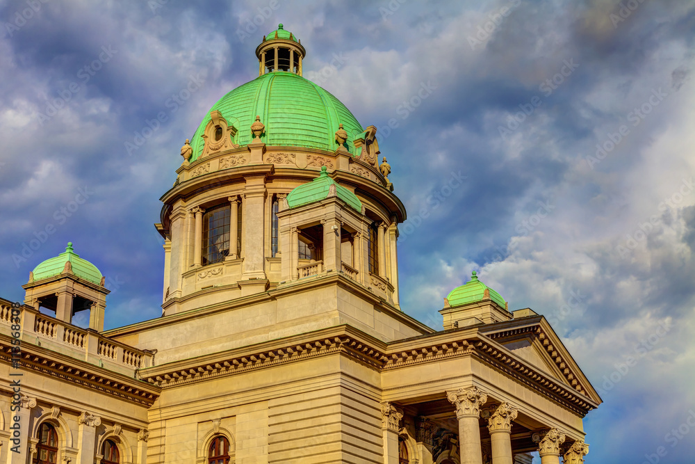 The main dome Serbian Parliament and the cloudy sky above, HDR image.