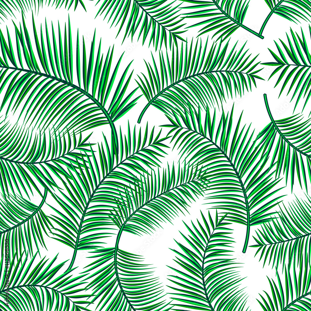 Retro vector illustration of exotic tropical seamless pattern with cartoon palm leaves isolated on white background. Trendy plant endless backdrop. Use for print, web