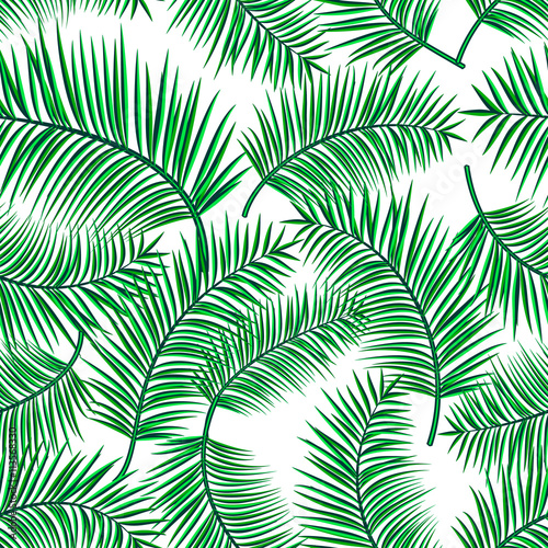 Retro vector illustration of exotic tropical seamless pattern with cartoon palm leaves isolated on white background. Trendy plant endless backdrop. Use for print  web