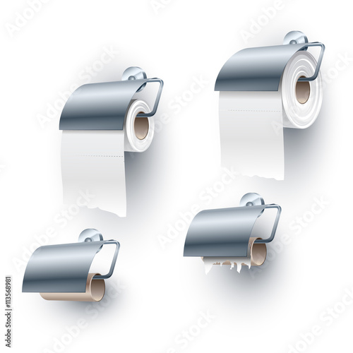 Toilet paper roll placed on a spindle in a front-facing over orientation, of full, half, ending and completely ended stages; Set of objects for the water closet; Eps10