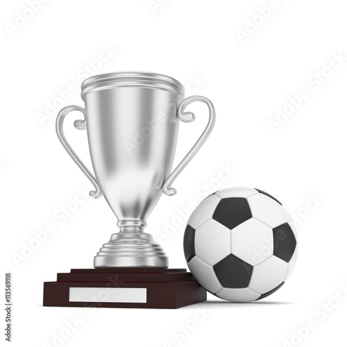 Isolated silver cup with ball on white background. Soccer and football. Second place trophy. Game and competition. 3D rendering