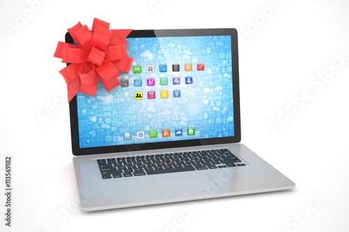 Laptop with red bow and icons. 3D rendering.