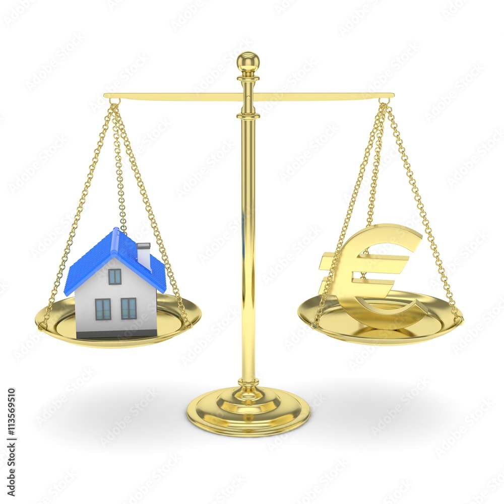 Isolated golden scales with golden euro and house on white background. Investment or savings concept. Real estate and currency. 3D rendering. Isolated golden scales with golden euro and house on white background. Investment or savings concept. Real estate and currency. 3D rendering.
