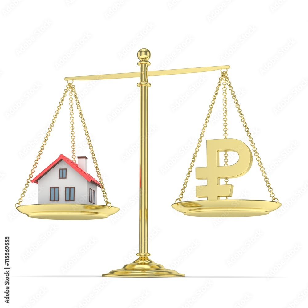 Isolated old fashioned pan scale with ruble and house on white background. Real estate vs russian currency. Affordable house. 3D rendering. Isolated old fashioned pan scale with ruble and house on white background. Real estate vs russian currency. Affordable house. 3D rendering.