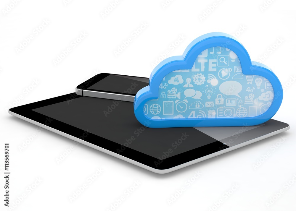 tablet pc, smart phone and cloud. 3d rendering. tablet pc, smart phone and cloud. 3d rendering.