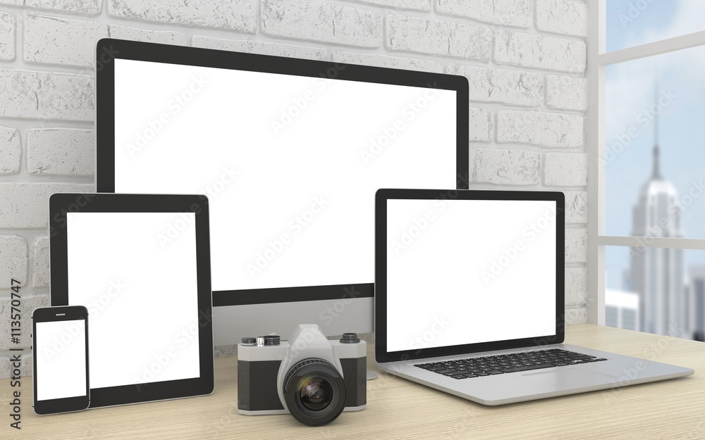 Responsive mockup screen. Monitor, laptop, tablet, phone on table in office. 3d rendering. Responsive mockup screen. Monitor, laptop, tablet, phone on table in office. 3d rendering.