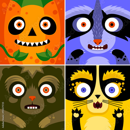 Fototapeta Naklejka Na Ścianę i Meble -  Cartoon monster animals faces vector set. Cute square avatars and icons. Idea for Halloween treat box. Print for t-shirt, elements for card design, poster.