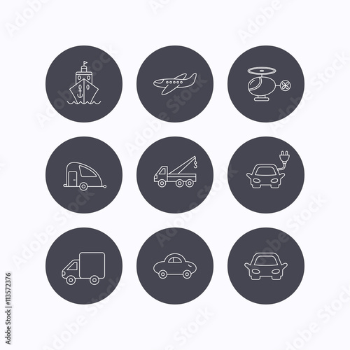 Transportation icons. Car, ship and truck signs.