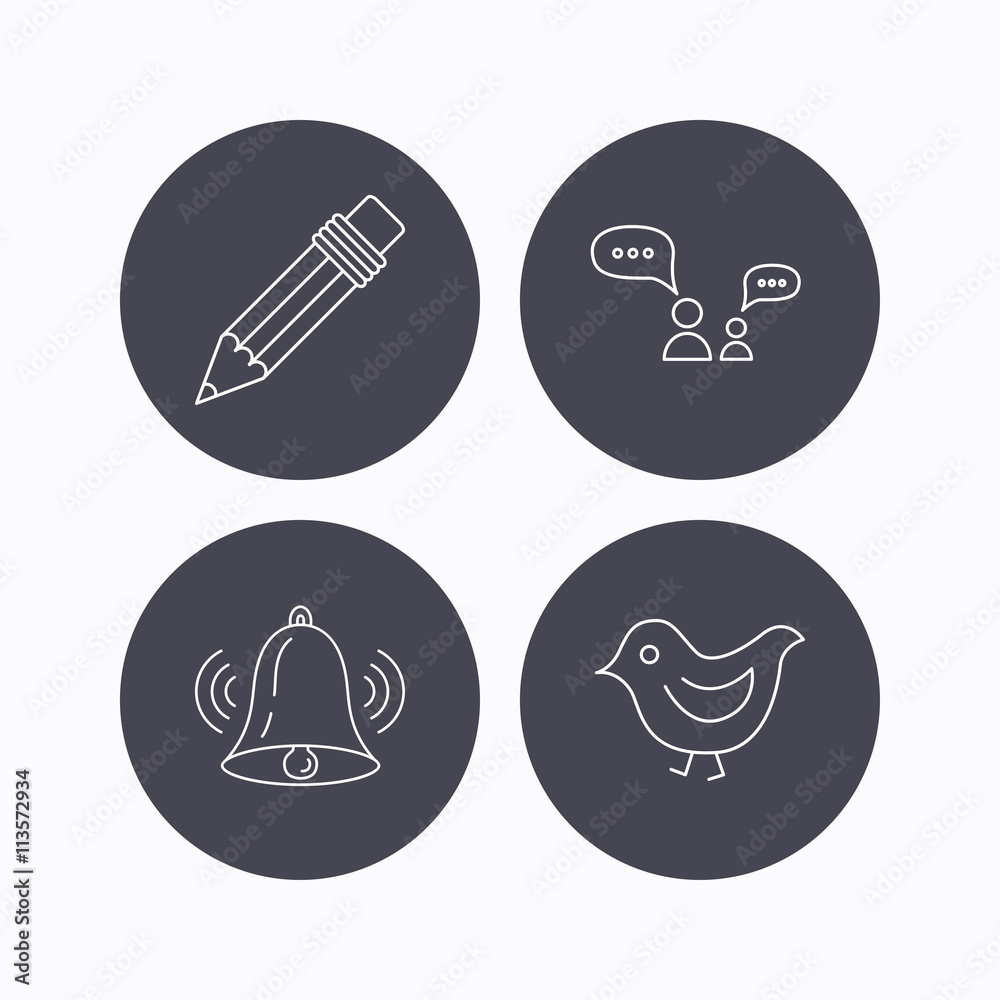 Dialogue, pencil and bird icons. Dialogue, pencil and bird icons.