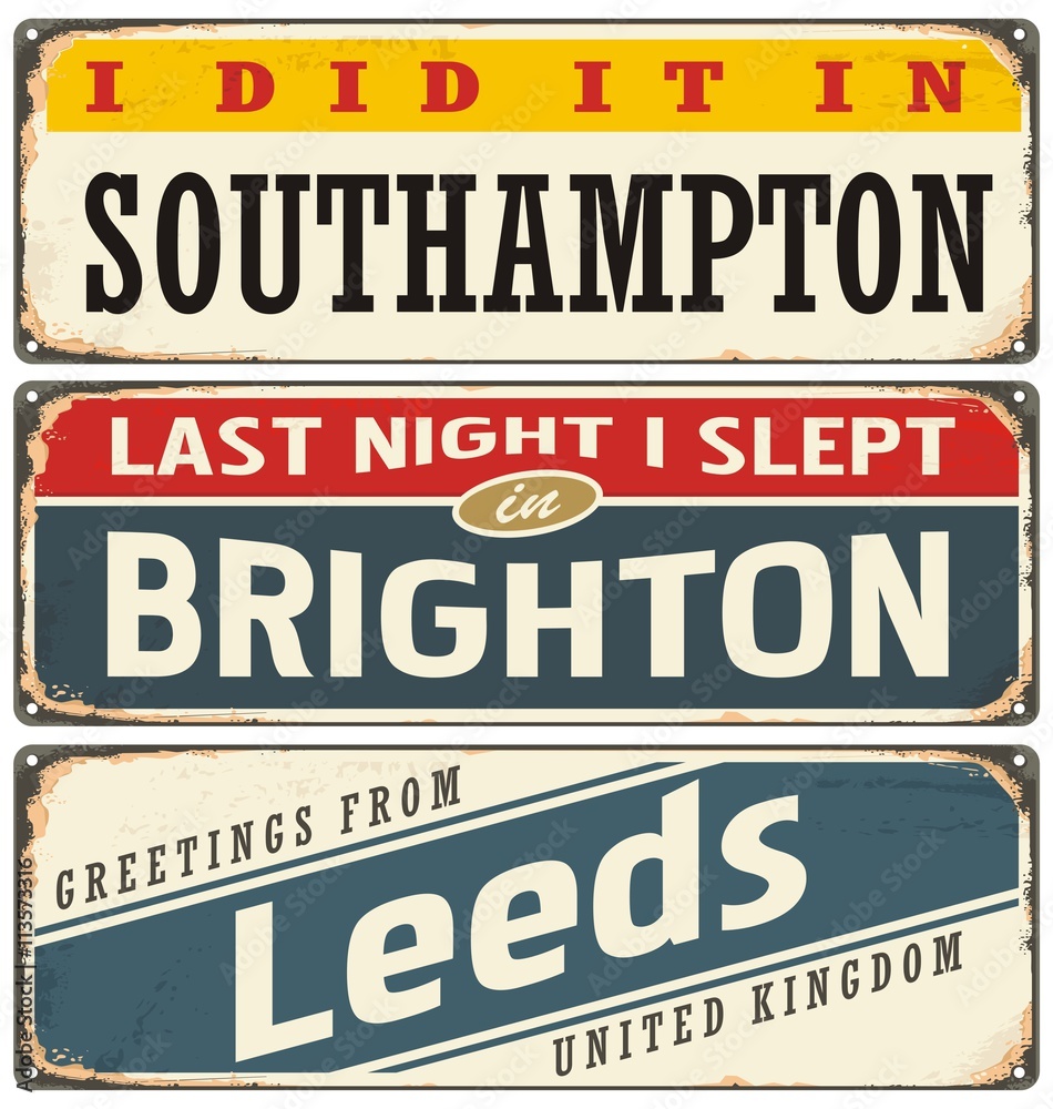 Fototapeta premium Cities in England retro tin signs collection