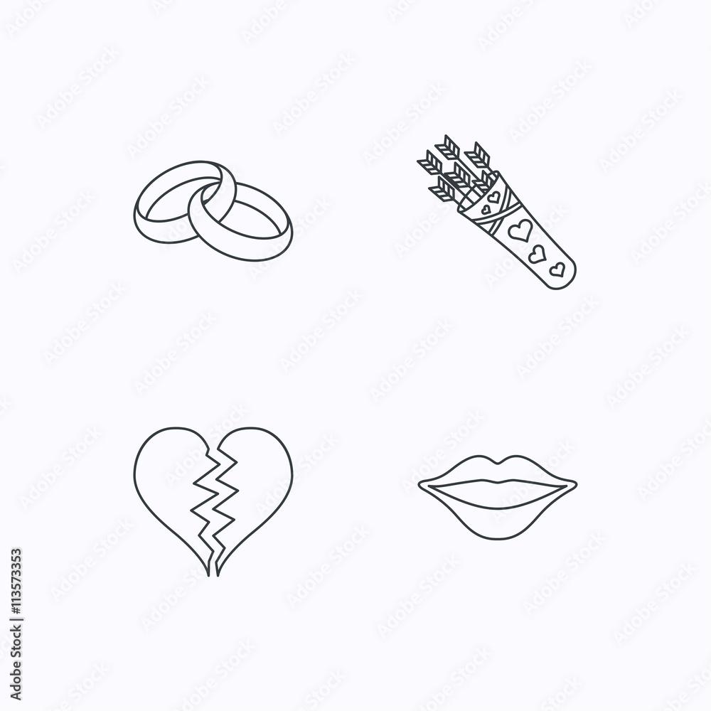 Broken heart, kiss and wedding rings icons.