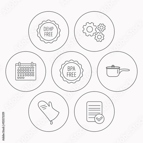 Saucepan, potholder and BPA free icons.