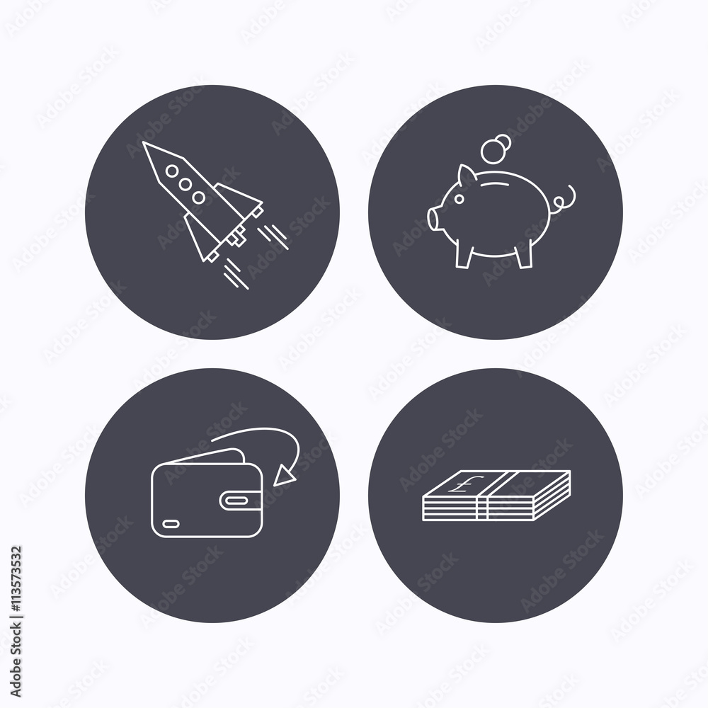 Piggy bank, cash money and startup rocket icons. Piggy bank, cash money and startup rocket icons.