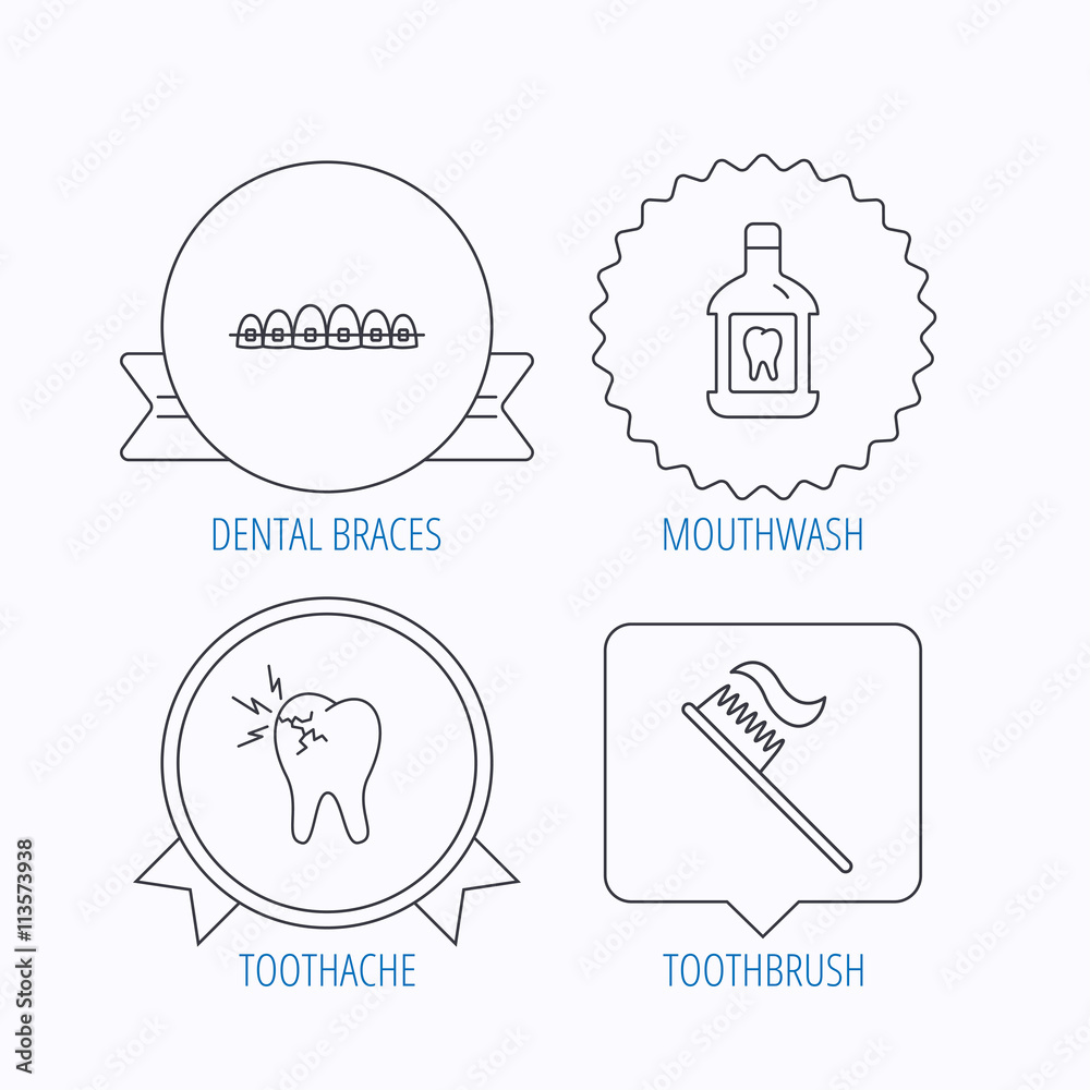 Fototapeta premium Toothache, dental braces and mouthwash icons.