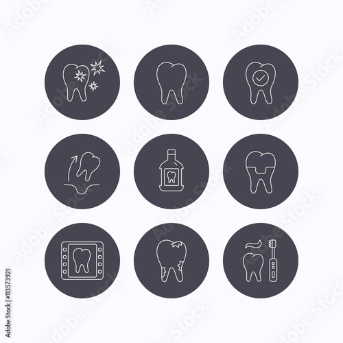 Tooth, dental crown and mouthwash icons. Caries.