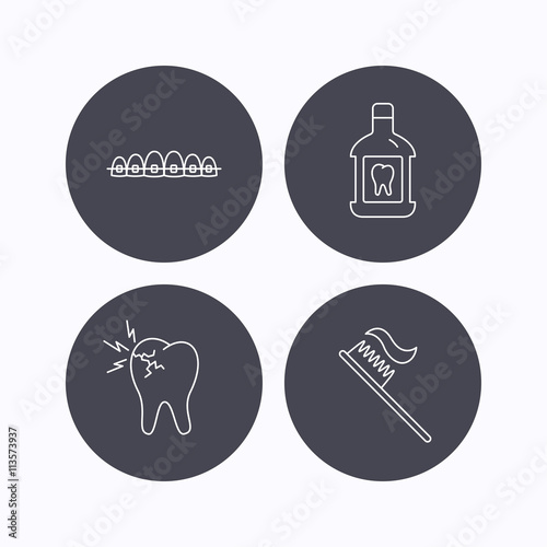 Toothache  dental braces and mouthwash icons.