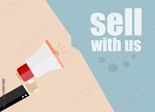 sell with us. Flat design vector business illustration concept Digital marketing business man holding megaphone for website and promotion banners.