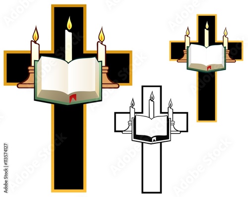 Cross with three candles and a thick book