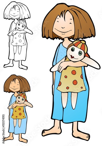 Middle sister, ready to go to bed with her worn and faded doll