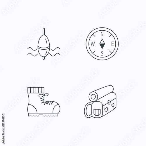 Compass, fishing float and hiking boots.
