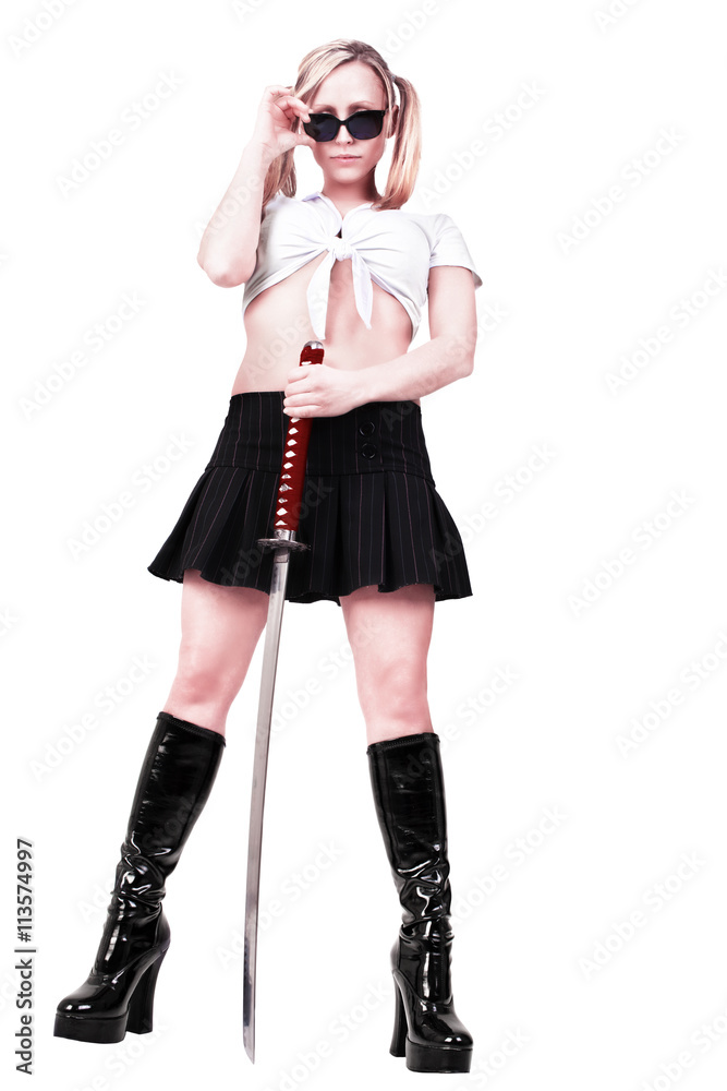 Sexy killer holding katana, isolated on white background. Sexy killer holding katana, isolated on white background.