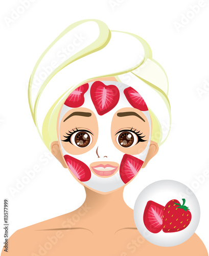 Vector of girl facial mask with strawberry slice mask 