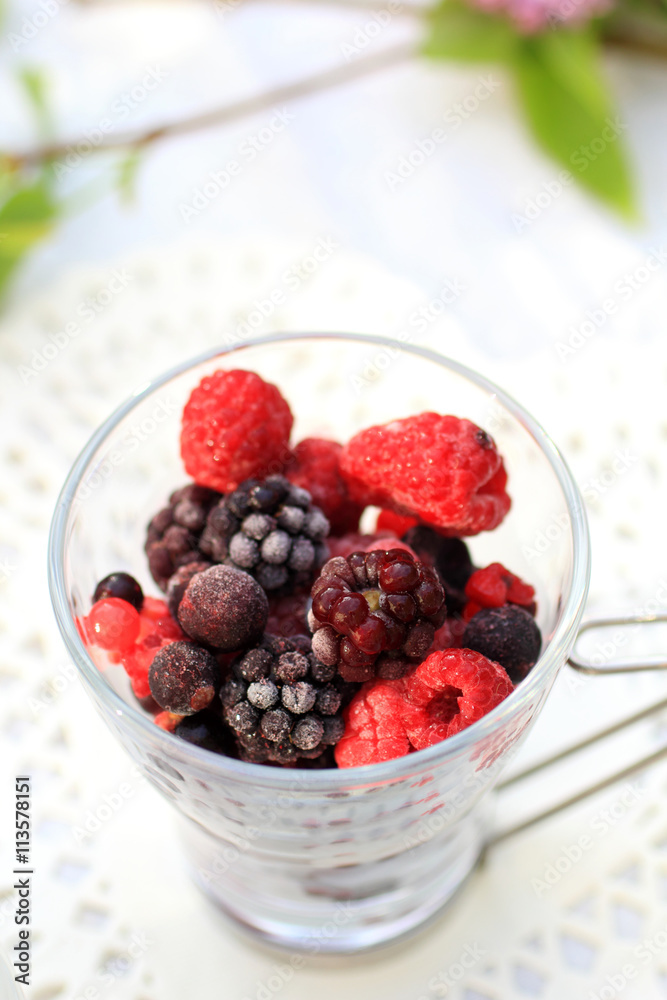 Frozen fruit with white chocolate sauce on the garden table.