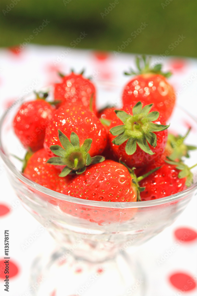 Fresh strawberries in a glass cup, close up in the garden Fresh strawberries in a glass cup, close up in the garden