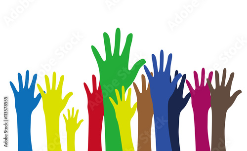 Group of raising hands on white background can means voting, unity, revolution, gay rights, help, concert, charity, joy, life, kids, team...