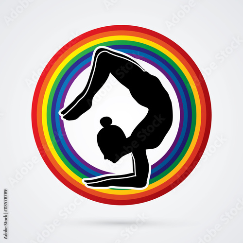 Yoga pose designed on line rainbows background graphic vector.
