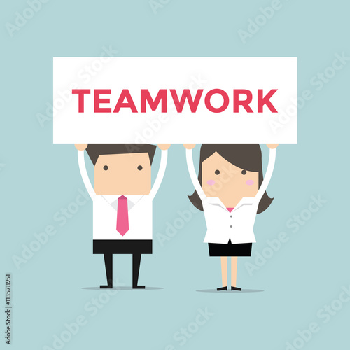 Businessman and Businesswoman with a white placard. Communication, assistance, partnership, cooperation, collaboration and teamwork in business vector concept