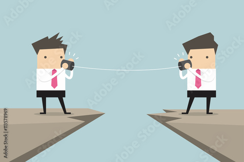 Two businessman talking with tin can on cliff vector