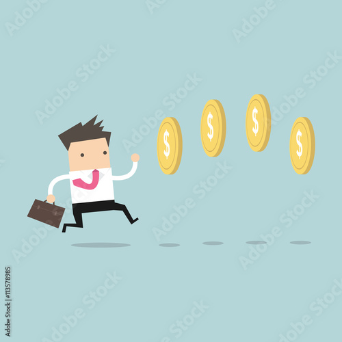 Businessman chasing coins video game style. Vector