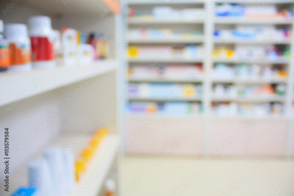 blur shelves of drugs in the pharmacy shop