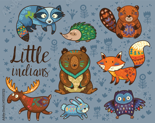 Little indians. Woodland tribal animals vector set