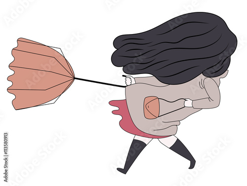 A flat vector cartoon illustration of a brunette girl with long hair wearing high boots and raincoat, holding the umbrella turned inside out blown by window