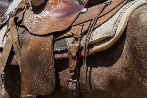 Detail of leather horse rsaddle and riding equipment photo