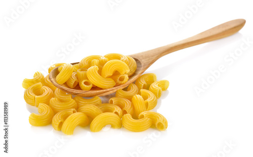 Gomiti elbows pasta in wooden spoon and on white background