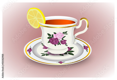 Fototapeta Naklejka Na Ścianę i Meble -  Tea cup on a saucer and a lemon. Porcelain set, vector illustration.
