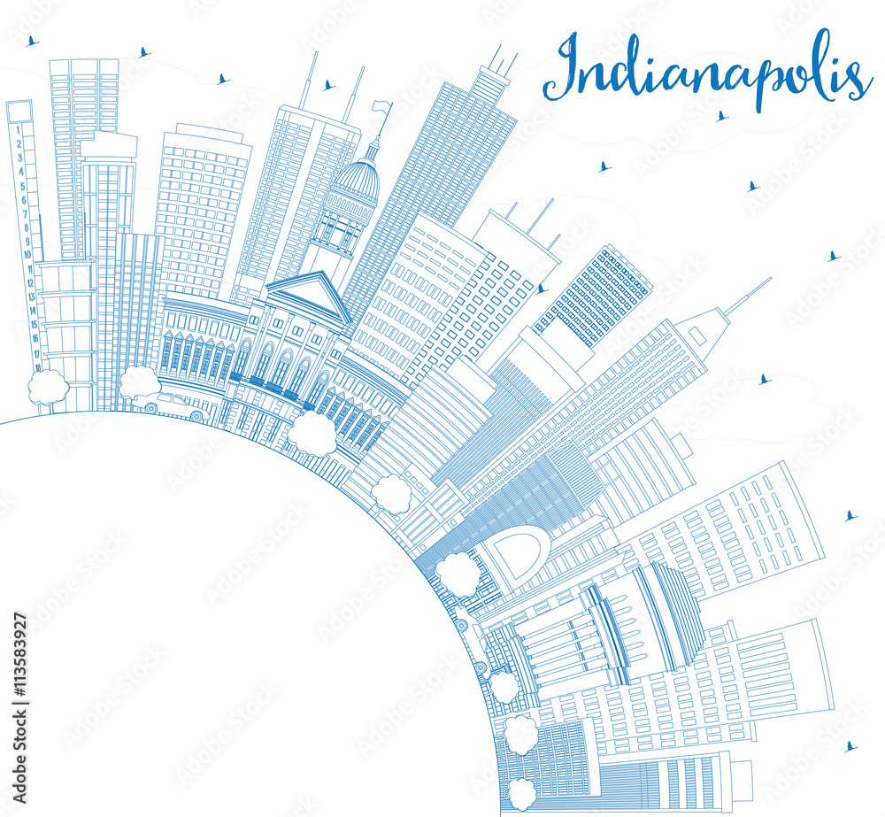 Outline Indianapolis Skyline with Blue Buildings and Copy Space.