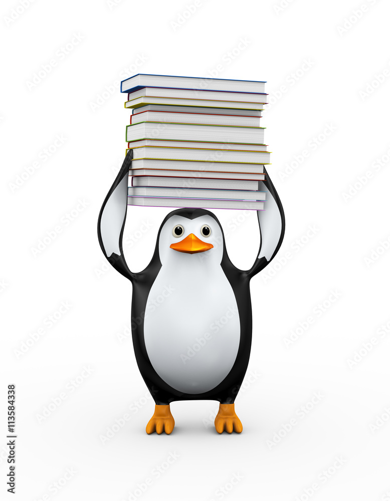 Obraz premium 3d penguin carrying pile of books