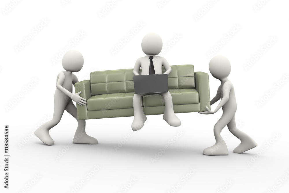 3d people carrying couch and man with laptop 3d people carrying couch and man with laptop
