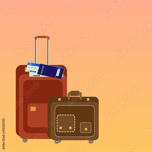 Travel suit cases with Passport. Travel background. Vector illustration