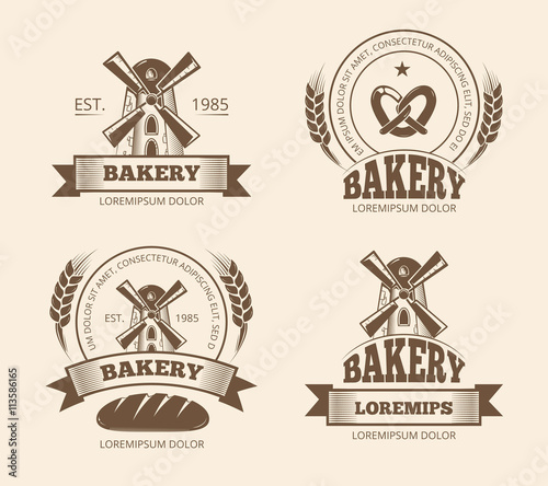 Vintage bakery and bread shop logos labels badges emblems. Bakery logo for shop, emblem with windmill for bakery. Vector illustration