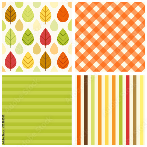 Set of four primitive retro seamless patterns with leaves and rain drops, gingham and striped