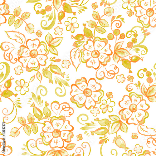 Floral Watercolor seamless pattern in Russian Gzhel Style. Vector illustration