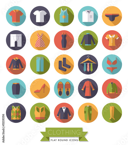 Flat Design Clothing and Fashion Round Icon Set