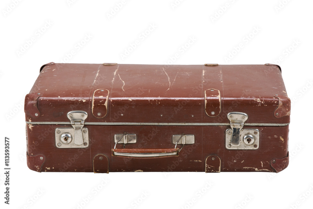 Old worn suitcase on a white background isolated Old worn suitcase on a white background isolated