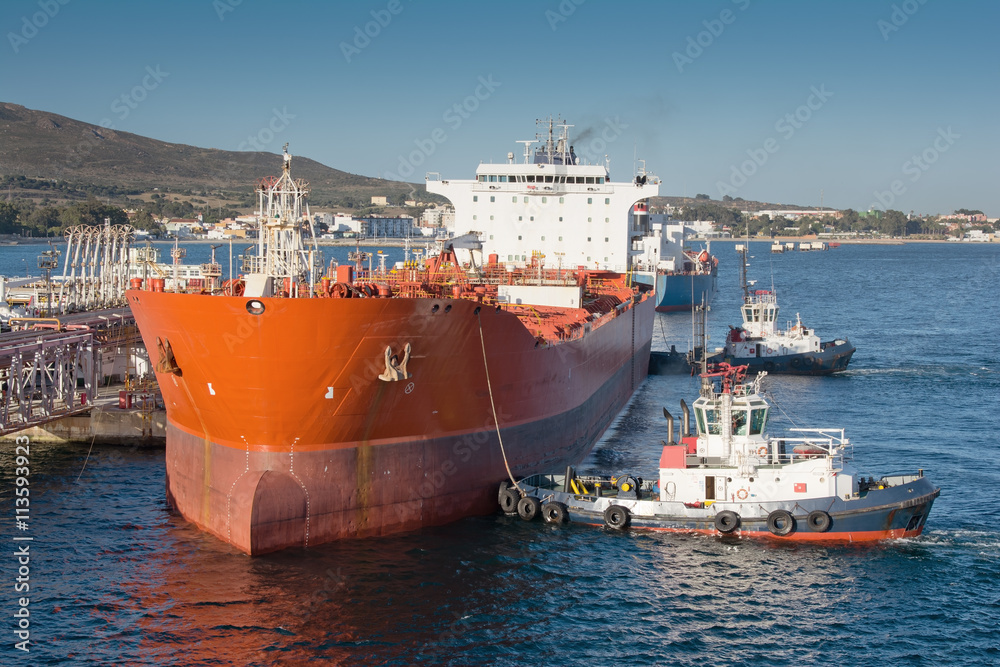 Chemical tanker during mooring operation in port.